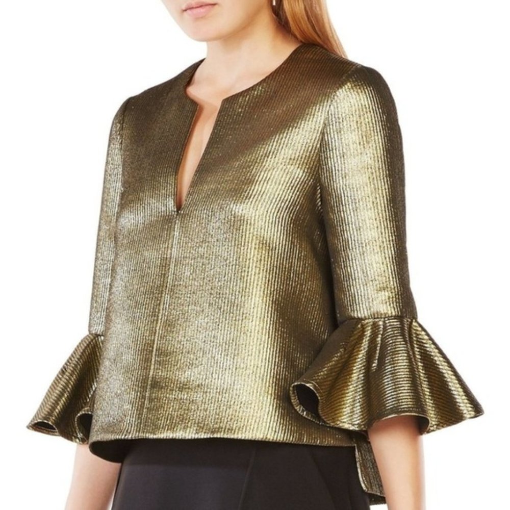 BCBGMaxAzria Valari Flare Ruffle Sleeve Textured Gold Top